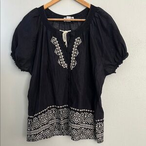 Navy and White Puff Sleeve Blouse with Tie Front